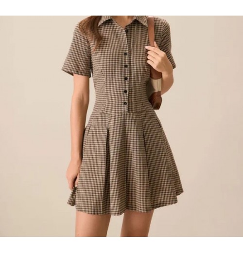 Women’s Brown Plaid Lapel Pleated Mini Dress