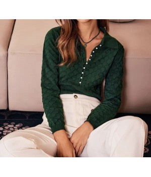 The Dark Green Lapel Ribbed Textured Knit Top