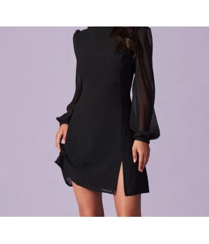 The Black Stand Collar Sheer Slit Mini Dress