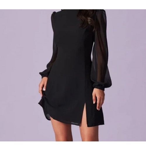 The Black Stand Collar Sheer Slit Mini Dress