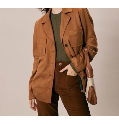 The Brown Lapel Pockets Button Suede Jacket