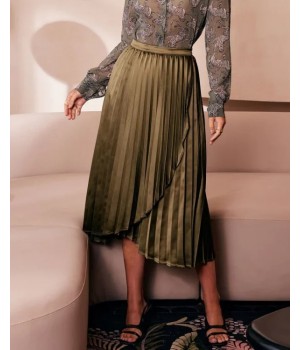 The Green Pleated Tulip Hem Satin Midi Skirt