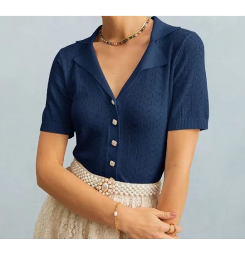 The Navy Collared Pointelle Knit Top