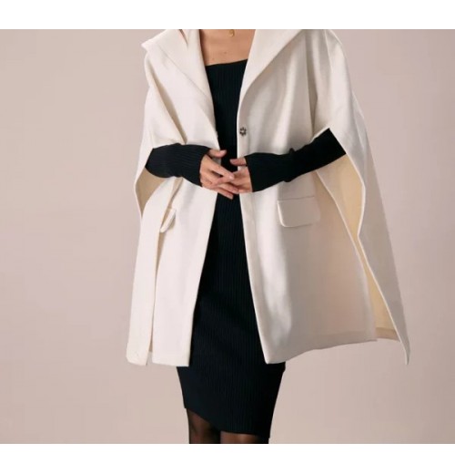 The White Hooded Batwing Sleeve Cape Coat